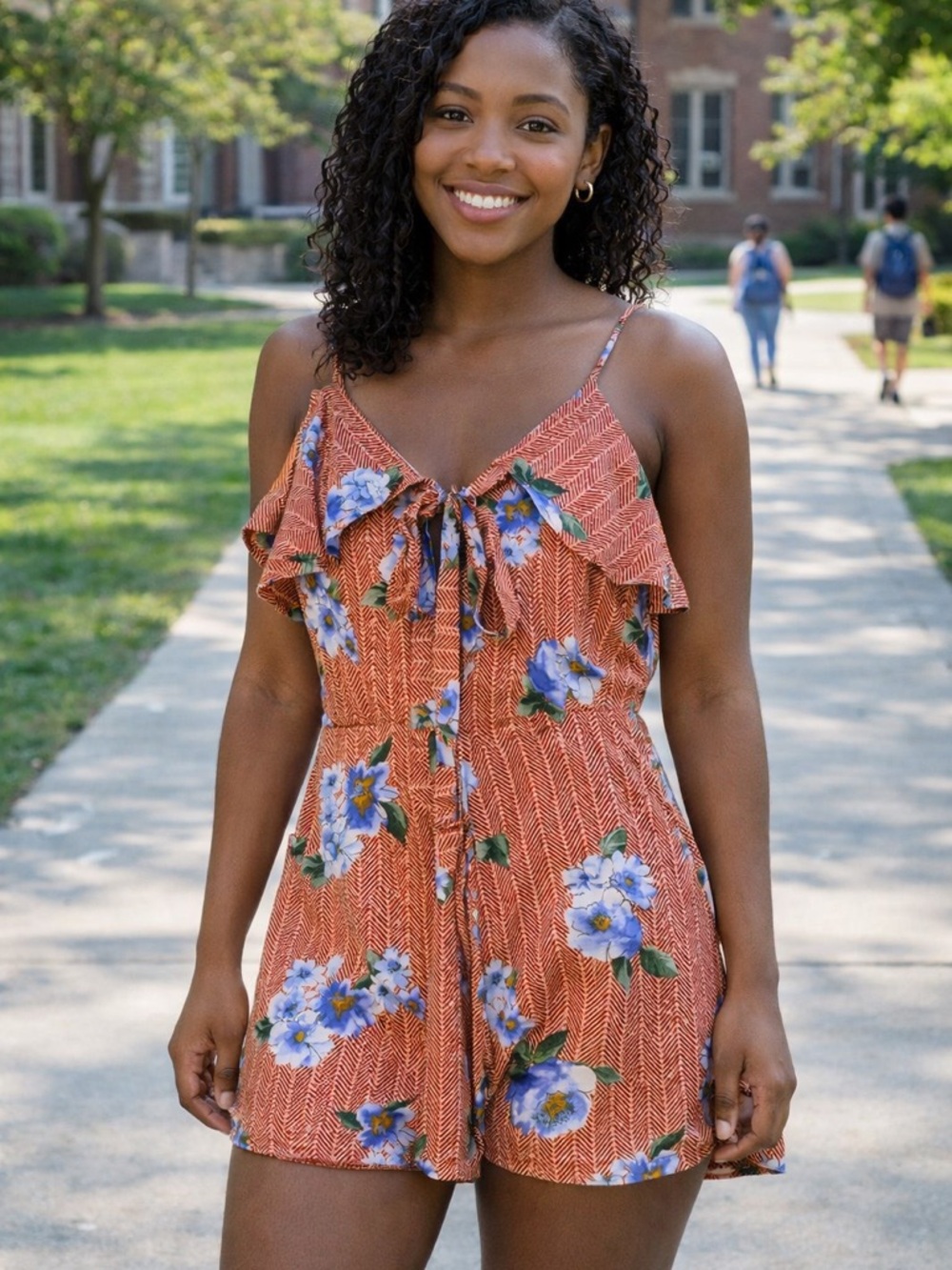 Altar'd State Rust-Orange Floral Tie-Front Romper